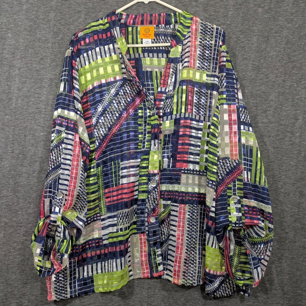 Ruby Rd. Patchwork Geometric Sheer Blouse Roll Tap 3/4 Sleeves Size 22W